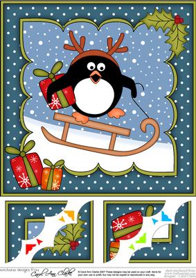 8x8 Xmas Sledging Pip Penguin Scalloped Corner Topper