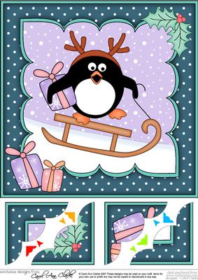 8x8 Xmas Sledging Pip Penguin Scalloped Corner Topper