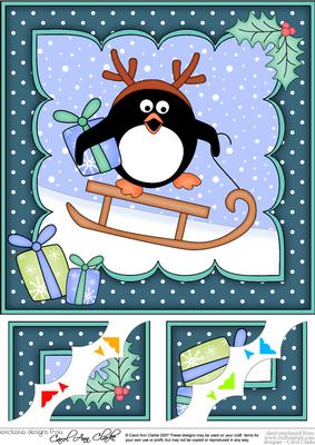 8x8 Xmas Sledging Pip Penguin Scalloped Corner Topper