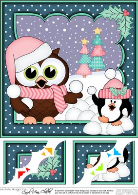 8 x 8 Christmas Little Hoot Owl's Snowball Scalloped Corner