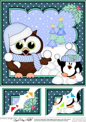 8 x 8 Christmas Little Hoot Owl's Snowball Scalloped Corner