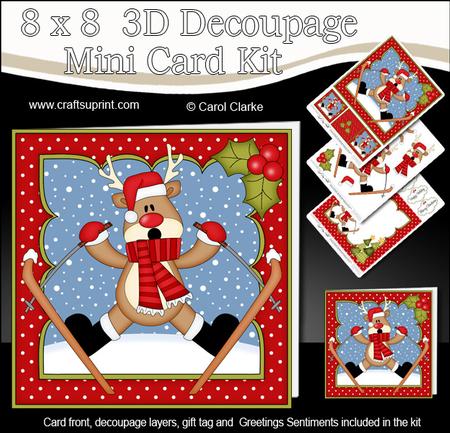 8x8 Christmas Skiing Oops Rudolph Mini Kit 3D Decoupage