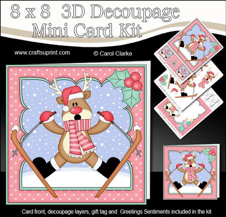 8x8 Christmas Skiing Oops Rudolph Mini Kit 3D Decoupage