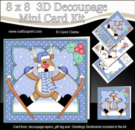 8x8 Christmas Skiing Oops Rudolph Mini Kit 3D Decoupage