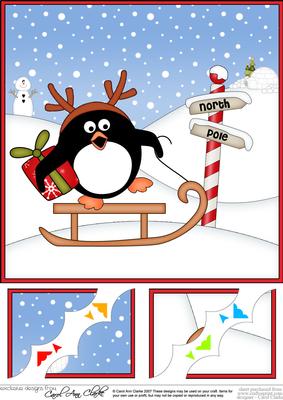 8 x 8 Christmas Sledging Pip Penguin Scalloped Corner Topper