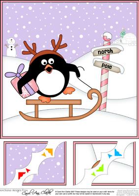 8 x 8 Christmas Sledging Pip Penguin Scalloped Corner Topper
