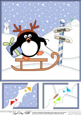 8 x 8 Christmas Sledging Pip Penguin Scalloped Corner Topper