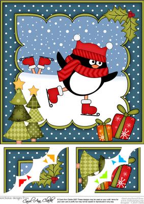 8x8 Xmas Skating Pip Penguin Scalloped Corner Topper