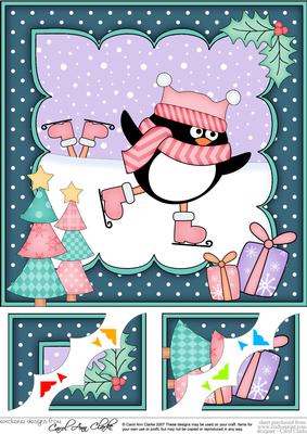 8x8 Xmas Skating Pip Penguin Scalloped Corner Topper