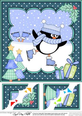 8x8 Xmas Skating Pip Penguin Scalloped Corner Topper