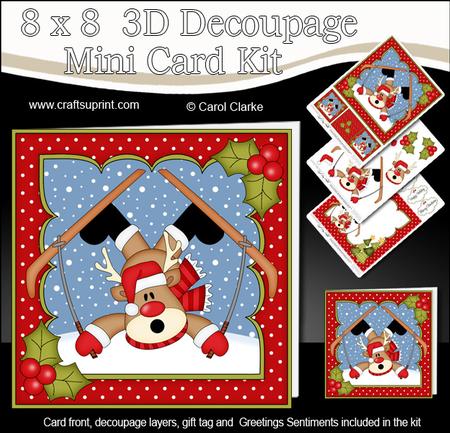8x8 Christmas Skiing Oops Rudolph Mini Kit 3D Decoupage