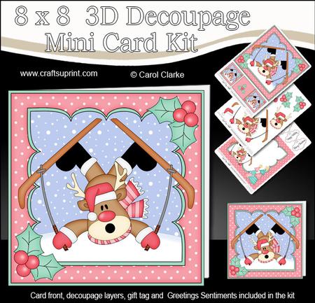 8x8 Christmas Skiing Oops Rudolph Mini Kit 3D Decoupage