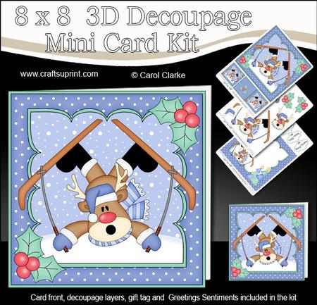 8x8 Christmas Skiing Oops Rudolph Mini Kit 3D Decoupage
