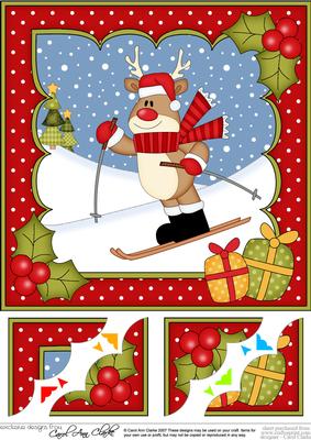 8 x 8 Christmas Skiing Rudolph Scalloped Corner Topper