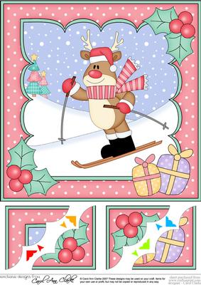 8 x 8 Christmas Skiing Rudolph Scalloped Corner Topper