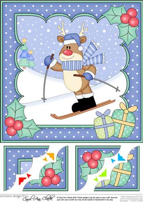 8 x 8 Christmas Skiing Rudolph Scalloped Corner Topper