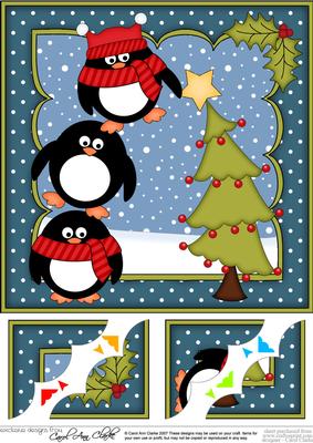 8x8 Xmas Penguin Dressing the Tree Scalloped Corner Topper