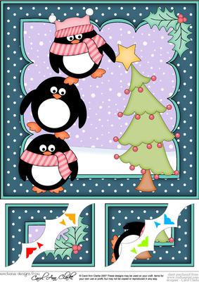 8x8 Xmas Penguin Dressing the Tree Scalloped Corner Topper