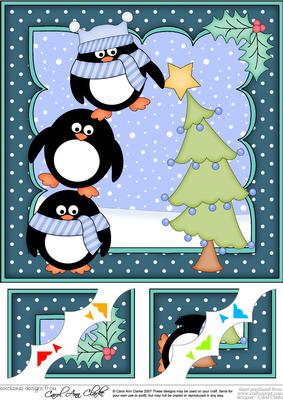 8x8 Xmas Penguin Dressing the Tree Scalloped Corner Topper