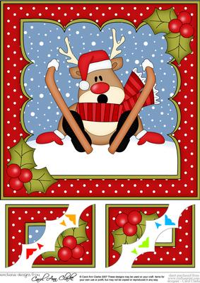 8 x 8 Christmas Skiing Oops Rudolph Scalloped Corner Topper