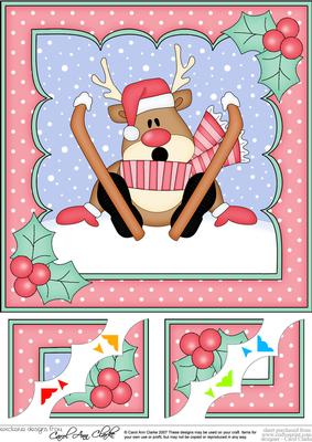 8 x 8 Christmas Skiing Oops Rudolph Scalloped Corner Topper