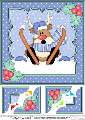 8 x 8 Christmas Skiing Oops Rudolph Scalloped Corner Topper