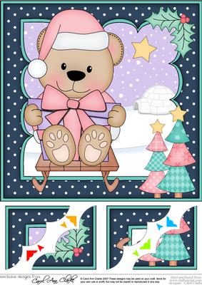 8 x 8 Christmas Sledging Livvy Bear 3D Decoupage