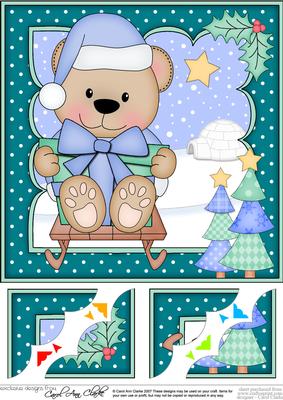 8 x 8 Christmas Sledging Livvy Bear 3D Decoupage