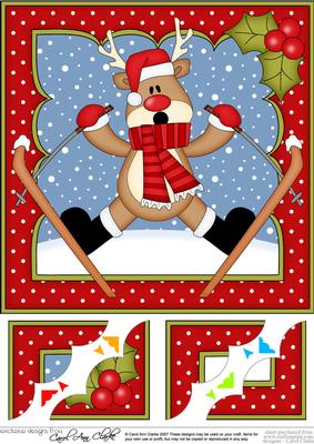 8 x 8 Christmas Skiing Oops Rudolph Scalloped Corner Topper