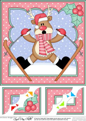 8 x 8 Christmas Skiing Oops Rudolph Scalloped Corner Topper