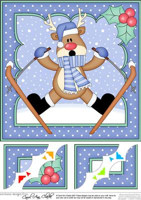 8 x 8 Christmas Skiing Oops Rudolph Scalloped Corner Topper