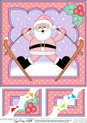 8 x 8 Christmas Oops Skiing Santa Scalloped Corner Topper