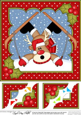8 x 8 Christmas Oops Skiing Rudolph Scalloped Corner Topper