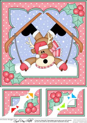 8 x 8 Christmas Oops Skiing Rudolph Scalloped Corner Topper