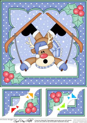 8 x 8 Christmas Oops Skiing Rudolph Scalloped Corner Topper
