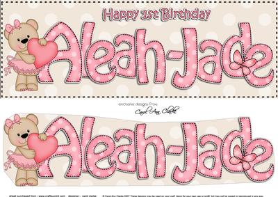 Large Dl 1st Birthday Aleah-jade Livvy Bear 3D Decoupage