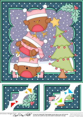8 x 8 Christmas Robins Dressing the Tree Scalloped Corner