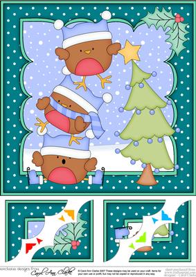 8 x 8 Christmas Robins Dressing the Tree Scalloped Corner
