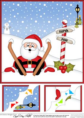 8 x 8 Christmas Oops Skiing Santa Scalloped Corner Topper