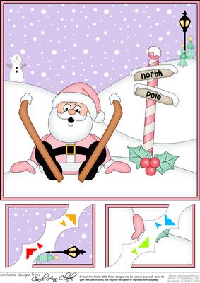 8 x 8 Christmas Oops Skiing Santa Scalloped Corner Topper