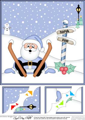 8 x 8 Christmas Oops Skiing Santa Scalloped Corner Topper