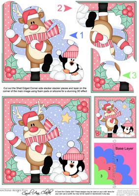Christmas Snowballing Rudolph Shell Edged Corner