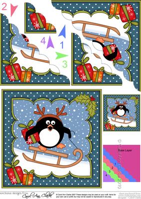 8 x 8 Christmas Sledging Pip Penguin Scalloped Corner Topper