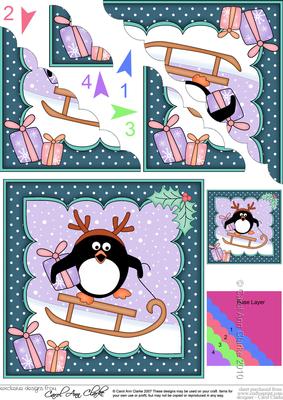 8 x 8 Christmas Sledging Pip Penguin Scalloped Corner Topper