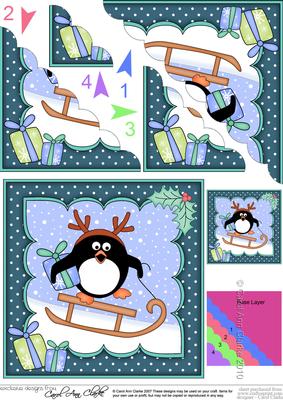 8 x 8 Christmas Sledging Pip Penguin Scalloped Corner Topper