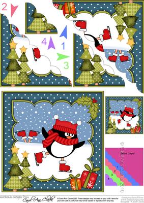 8 x 8 Christmas Skating Pip Penguin Scalloped Corner Topper