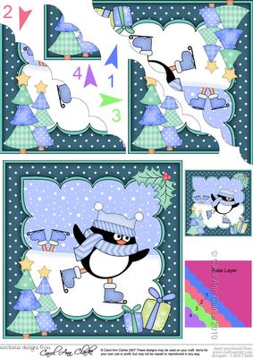 8 x 8 Christmas Skating Pip Penguin Scalloped Corner Topper