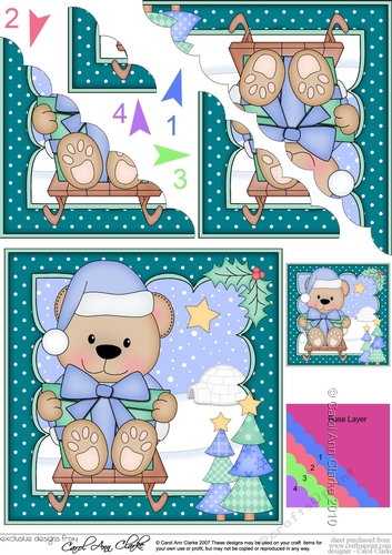 Christmas Austin Bear goes Sledging Scallop Corner Topper