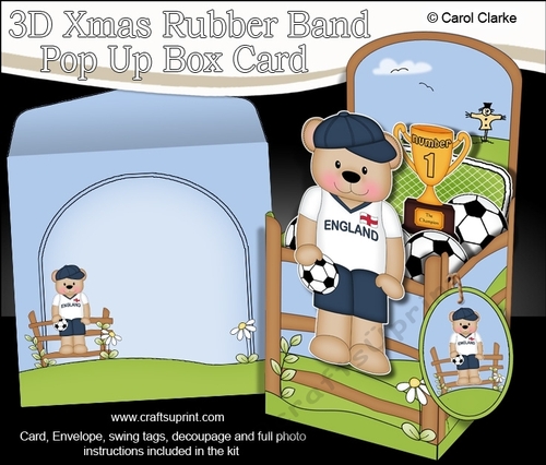 3D Football Freddy Teddy Plays for England Rubber Band Pop Up Box Card
