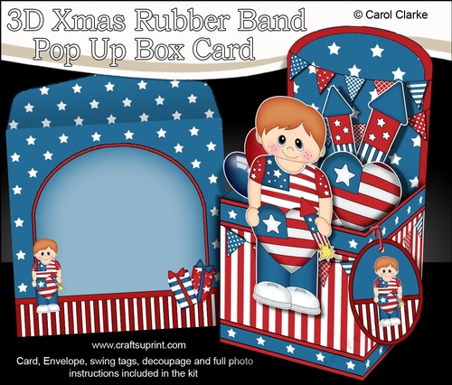 3D Patriotic Stars & Stripes Caden is Celebrating 4th July Rubber Band Pop Up Box Card